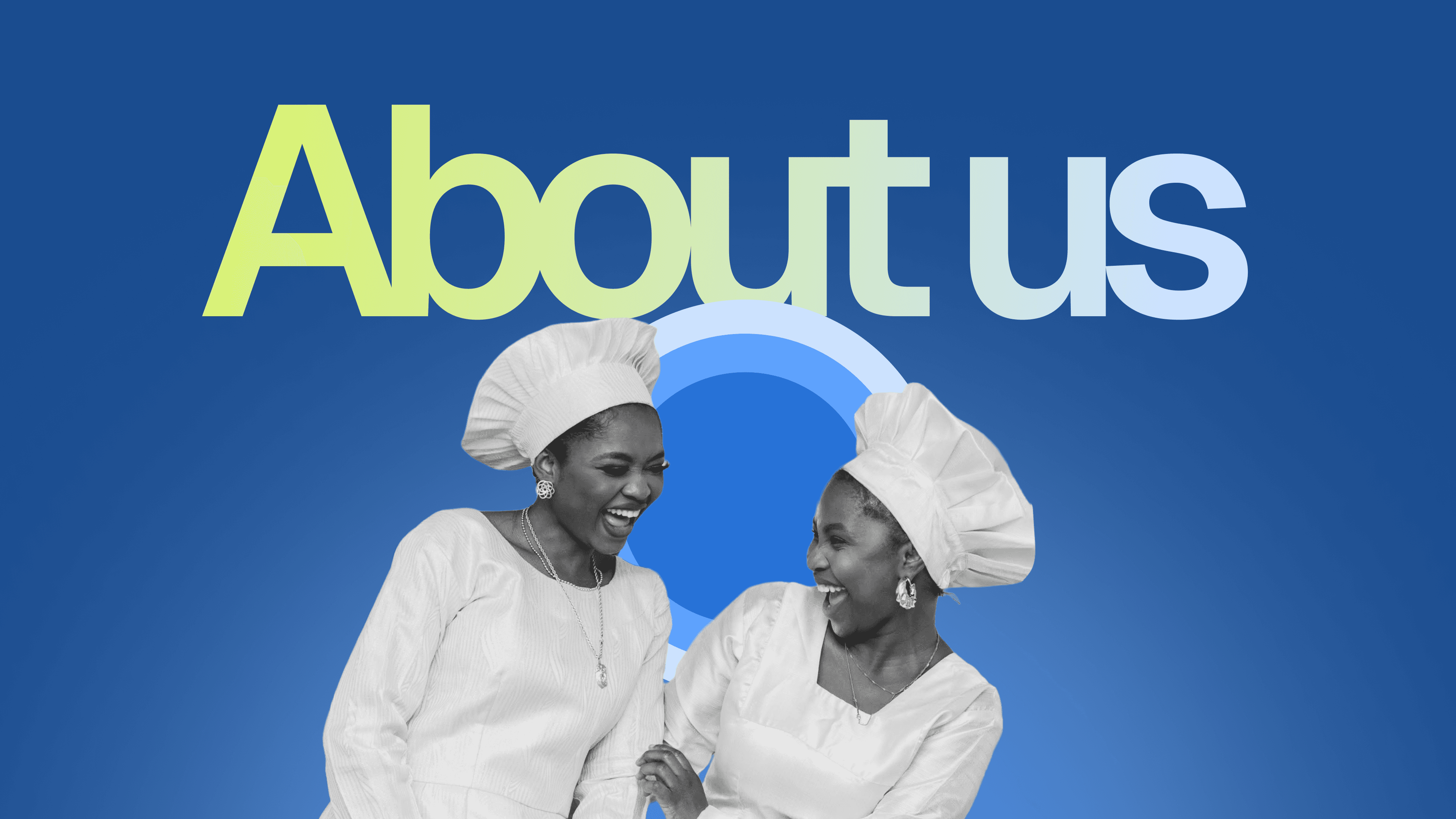 Two Nigerian women smiling and looking at each other. An 'about us' inscription is above them.