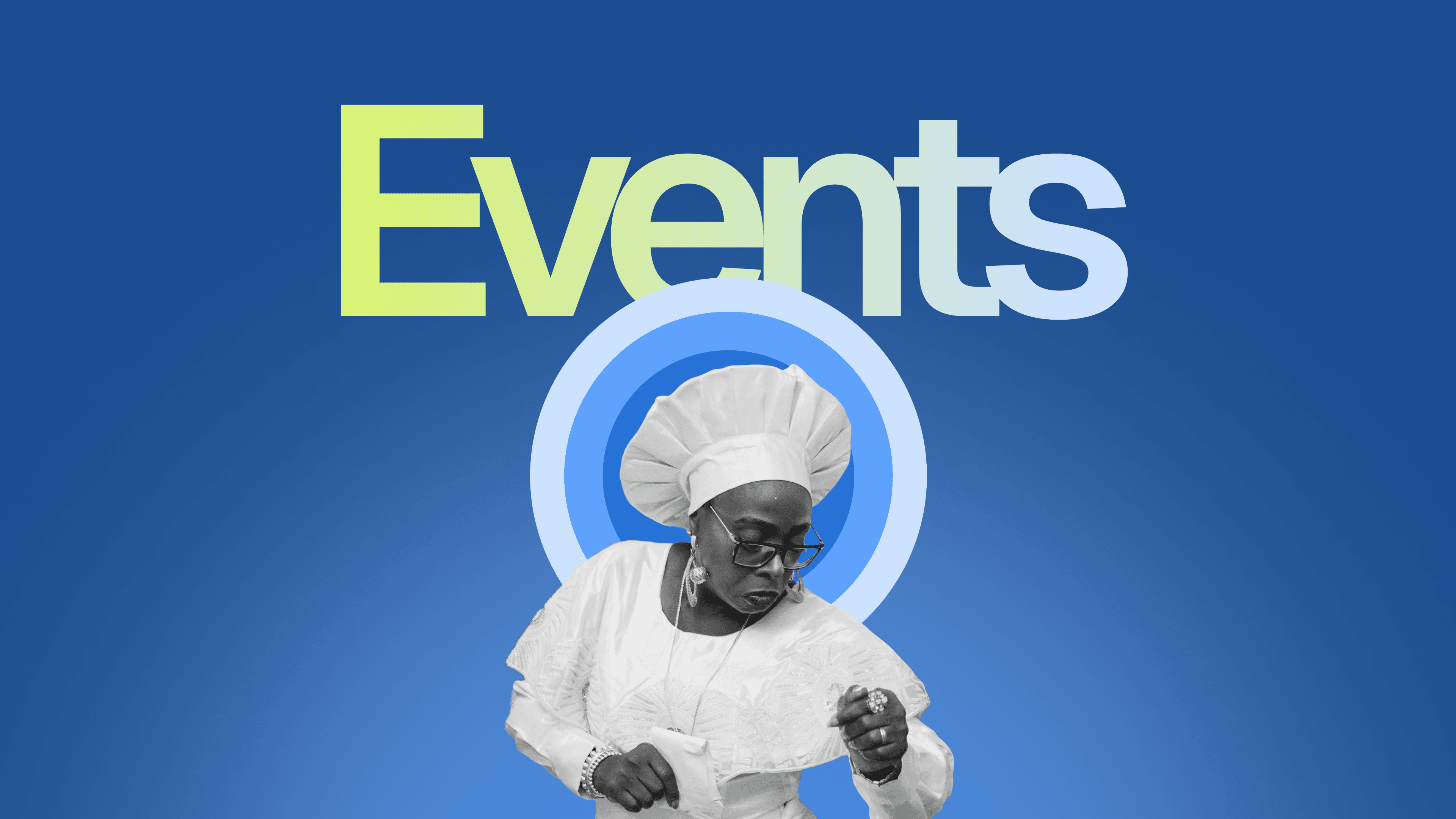 African woman dancing below an 'Events' text.